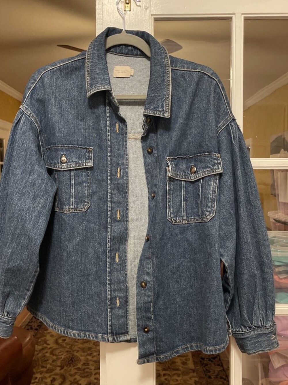 French Connection Dark Blue Denim Jean Jacket Shirt Women’s size 4 runs large